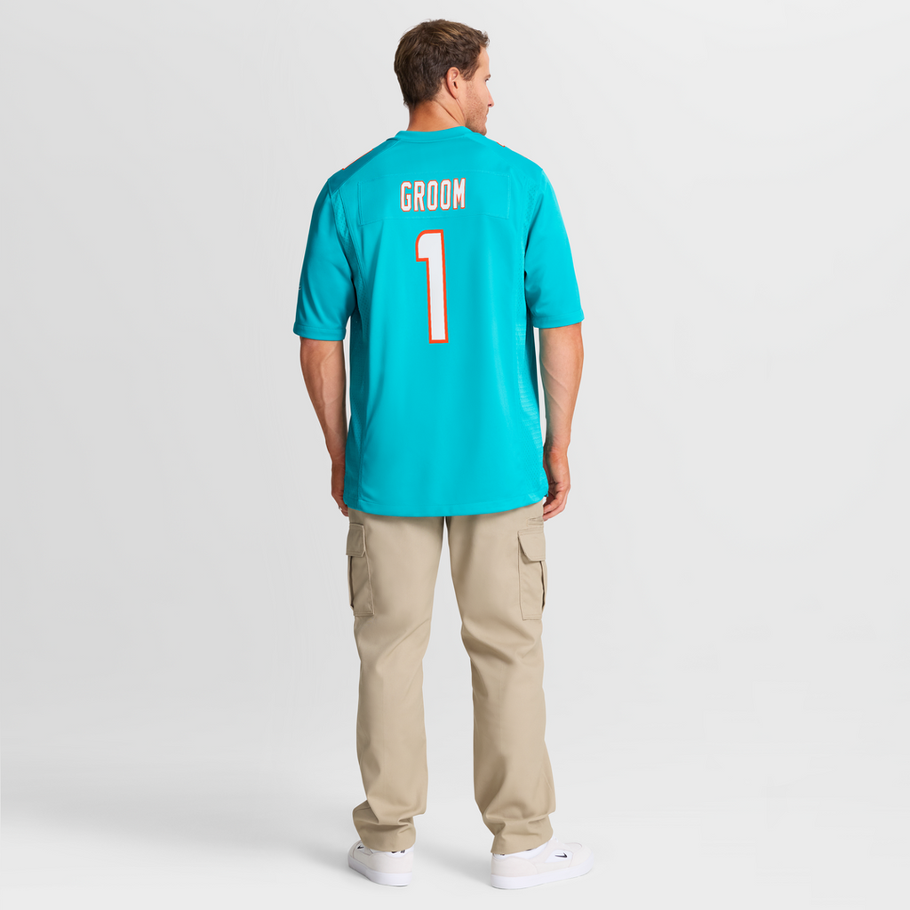 Miami Dolphins Number 1 Groom Aqua Game Jersey