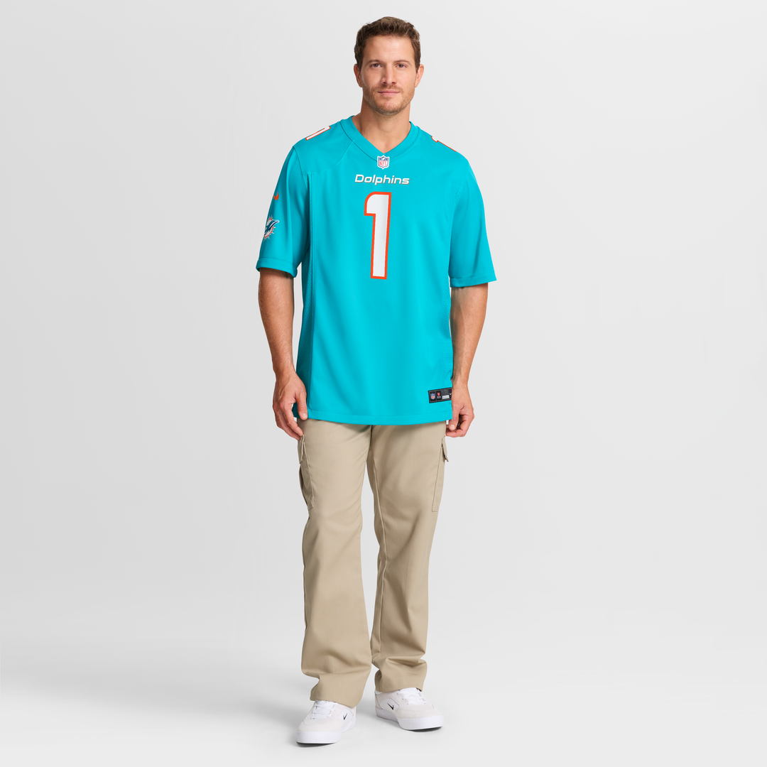 Miami Dolphins Number 1 Groom Aqua Game Jersey